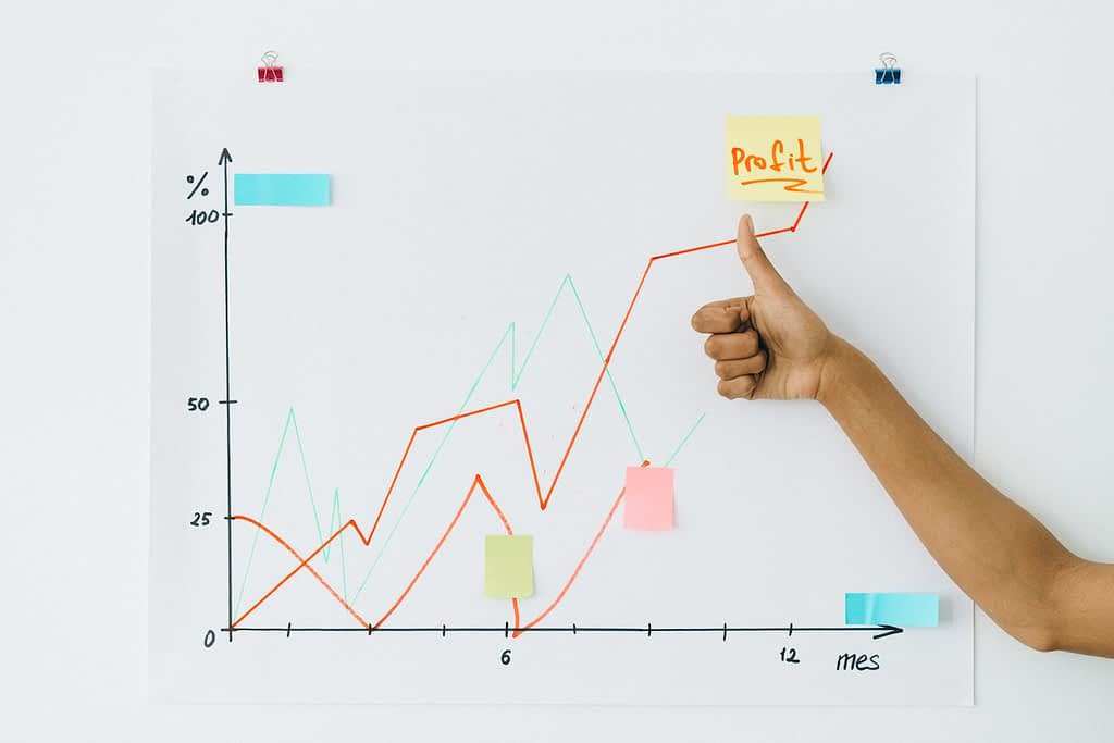 Chart showing profits and a person showing a thumbs up sign.