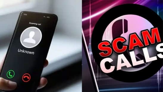 Image showing a phone receiving a call from an unknown number and scam calls sign.